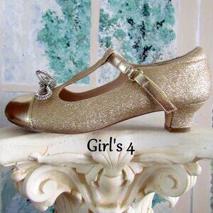 GOLD SHOES, 4, GLITTERY, SPARKLY DREAM PAIRS, METALLIC BOWS, T-STRAP, 1.5" HEELS